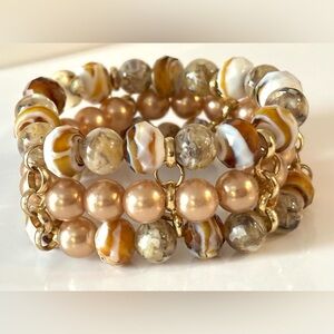 Chunky 3 stands stretchy Sakura agate and pearl bracelet